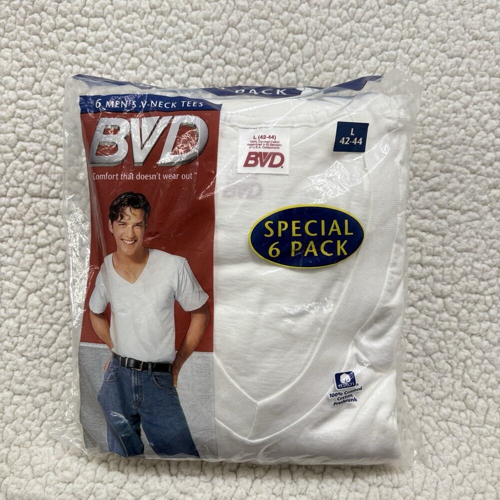 Vintage NEW BVD Special 6 Pack Mens V-Neck T-Shirts Sz L White NOS 1998 Unopened - Picture 1 of 2